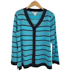 Exclusively Misook Cardigan Sweater Blue Striped Black Trim  Acrylic Sz‎ LG